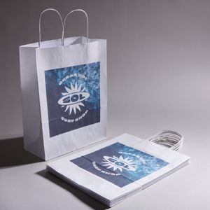 Recyclable A4 white personalised paper carrier bags to promote your company