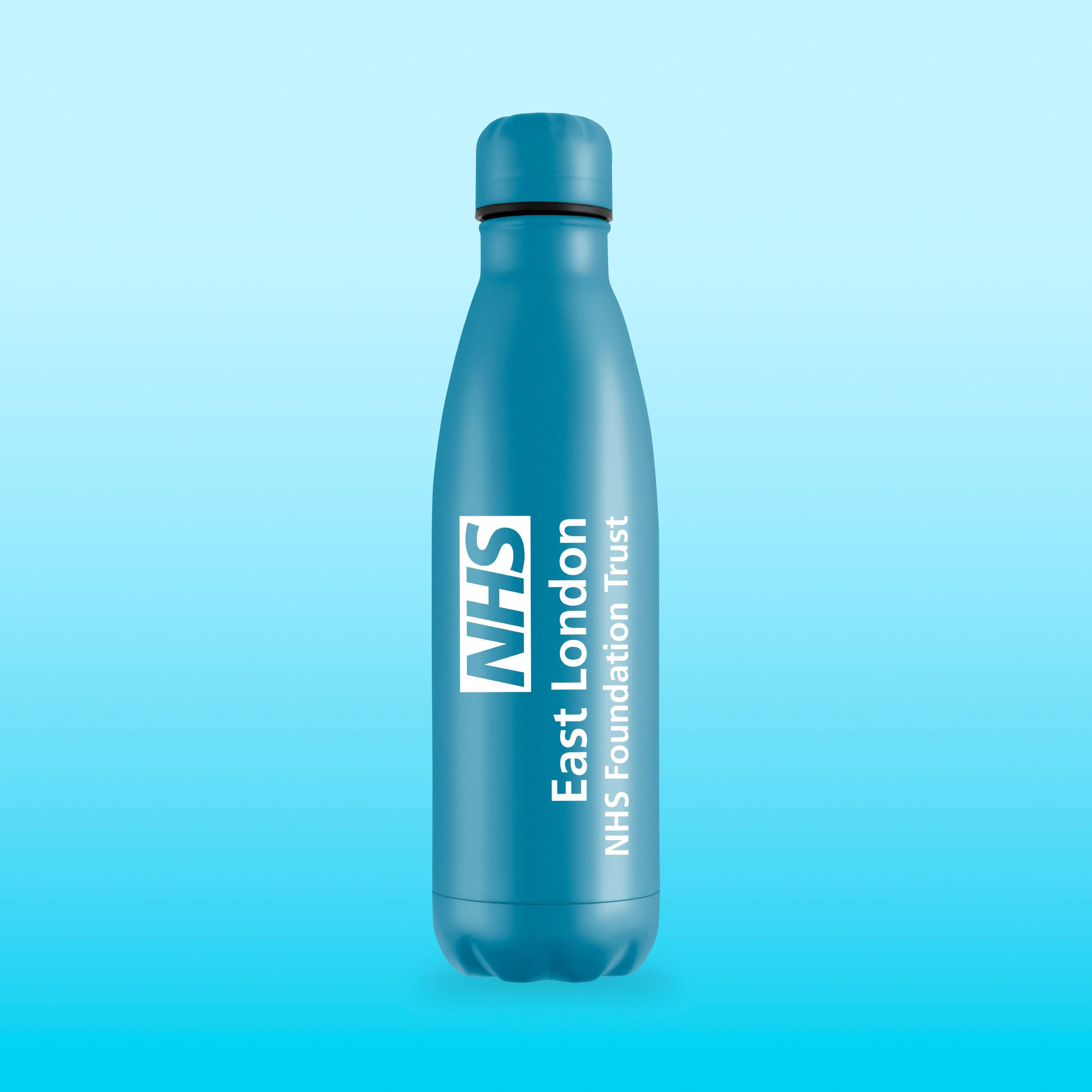 Light blue cyan NHS insulated bottle custom logo printed design