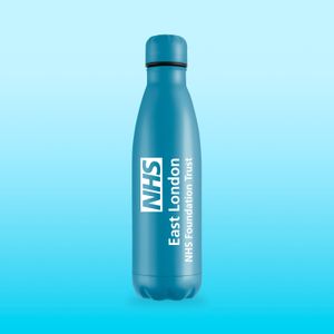 Light blue cyan NHS insulated bottle custom logo printed design
