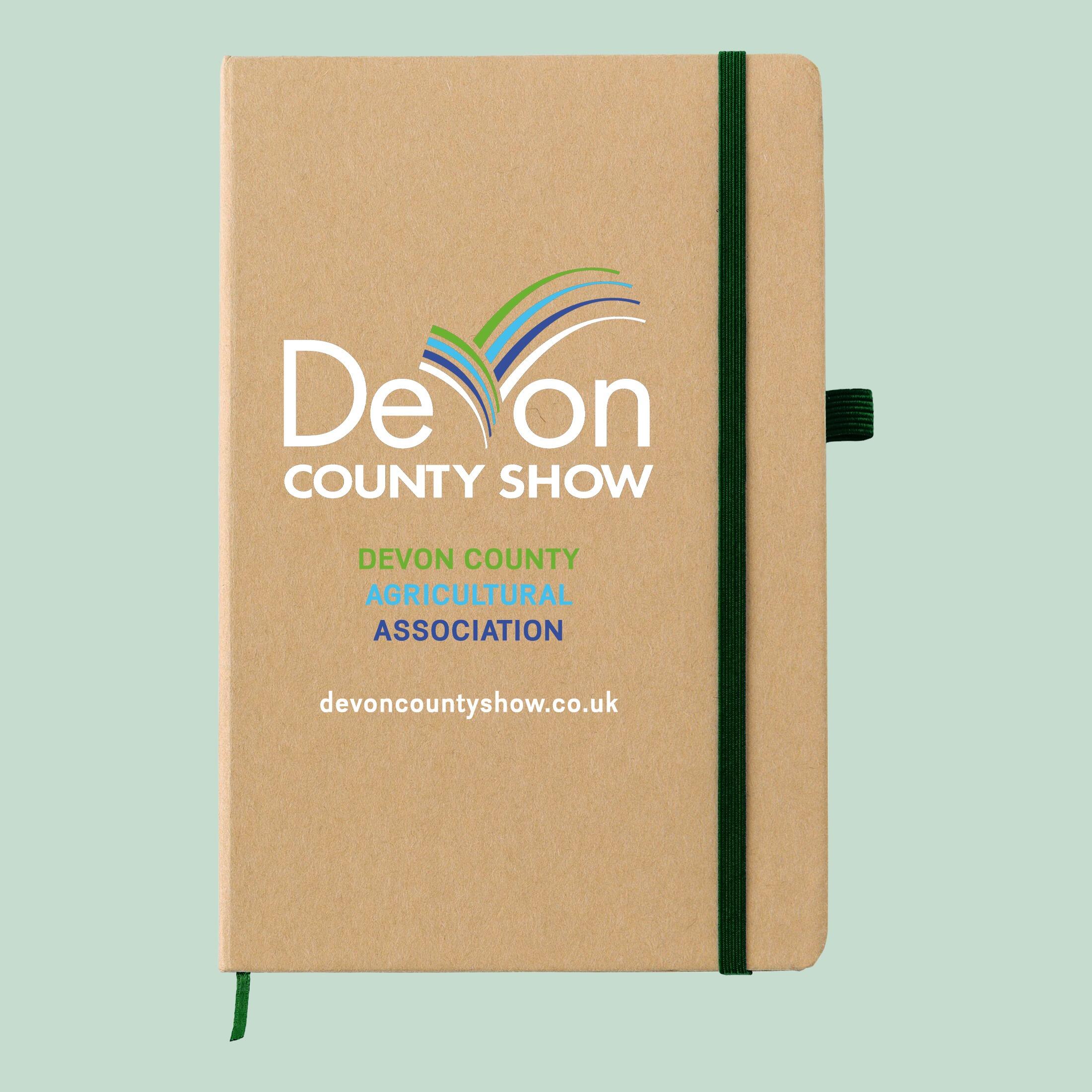 Green trim logo printed A5 recycled notebook with custom print design in full colour