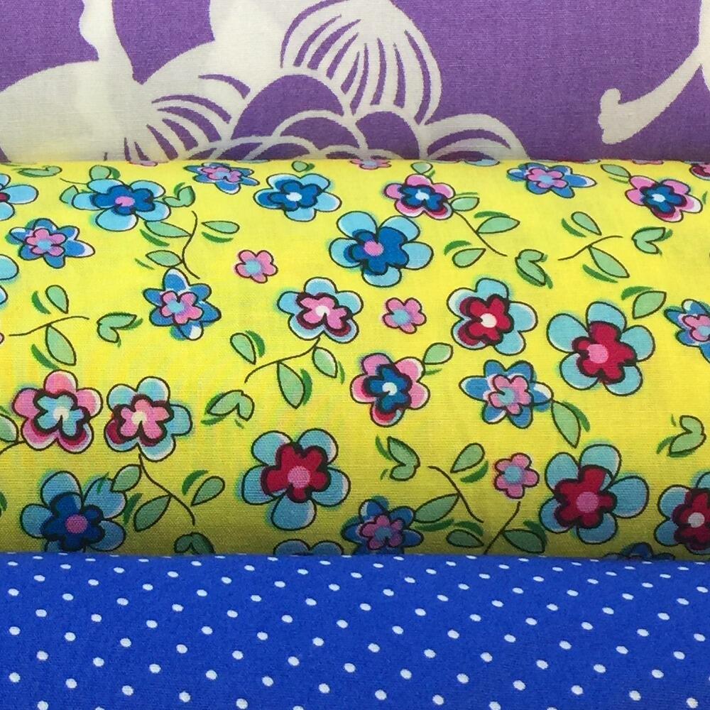 Yellow Cotton Fabric with Blue and Pink Flowers