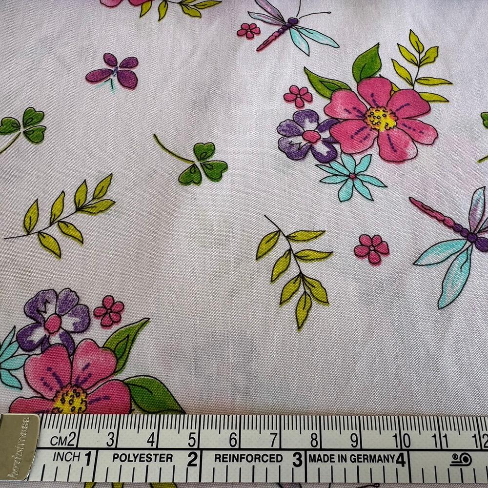 Dragonfly and Flowers Cotton Poplin Fabric with measurements