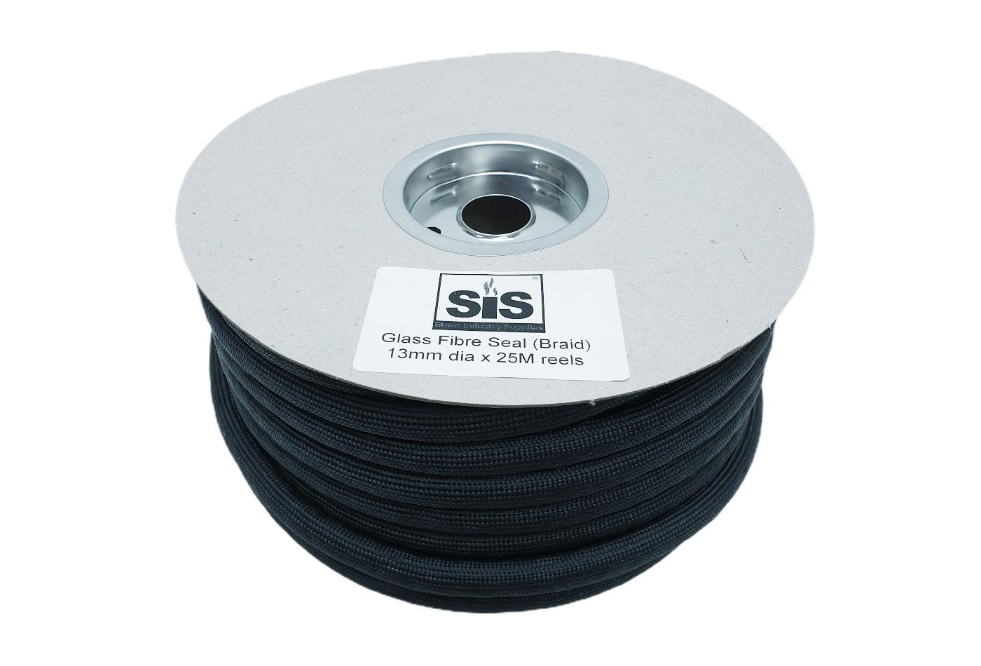 A 25 metre reel of 13mm standard sleeved grey black stove rope. - product code R13GREY/BLACK