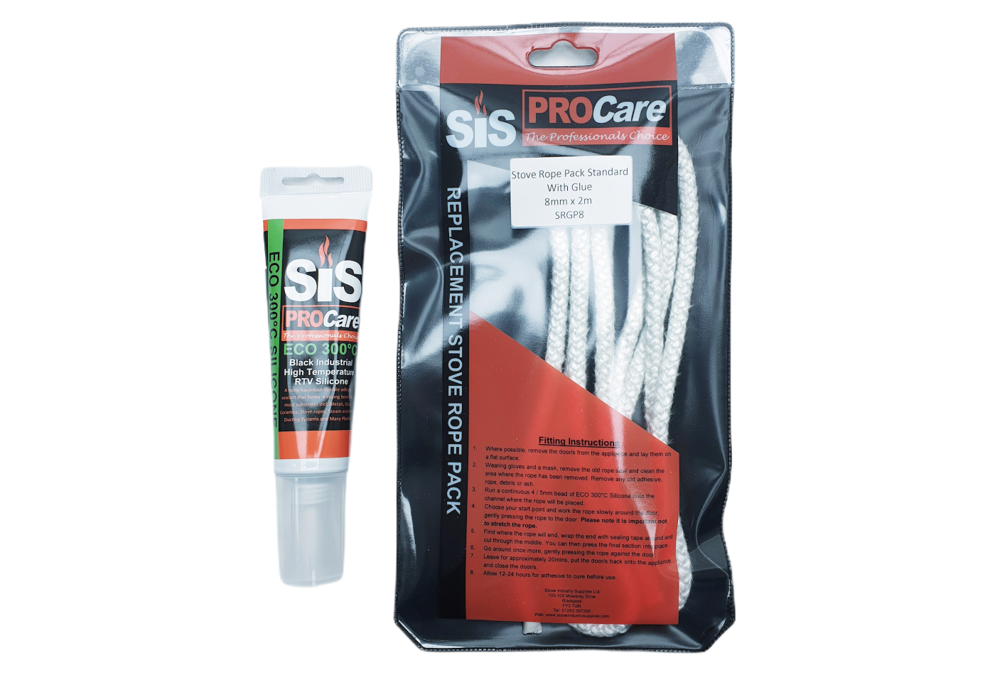 SiS Procare White 8 milimetre x 2 metre Standard Stove Rope & 80 millilitre Rope Glue Pack - product code SRGP8