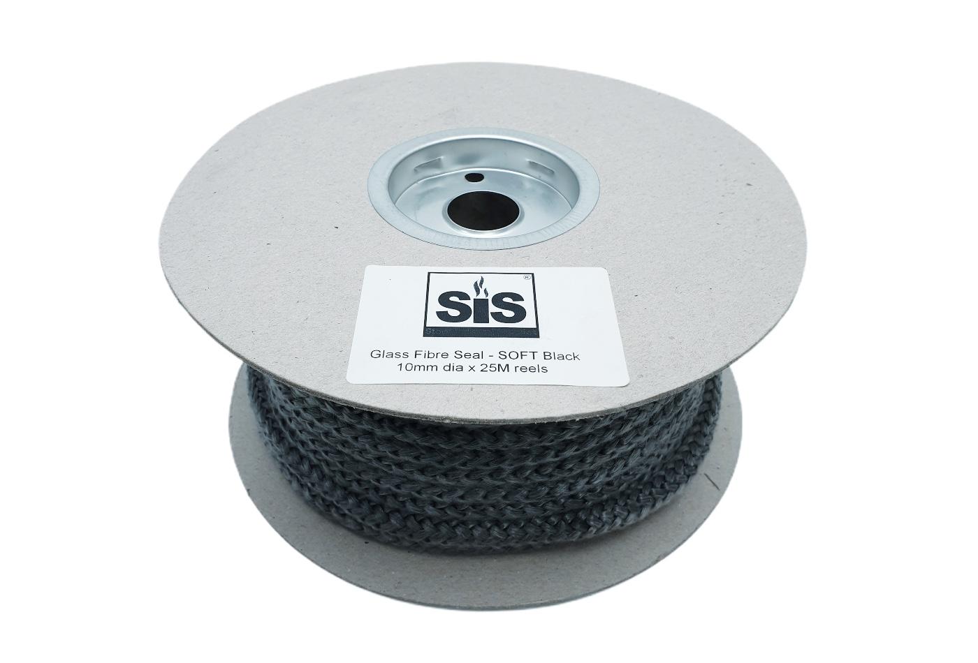 A 25 metre reel of black 10mm soft stove rope- product code RS1025B