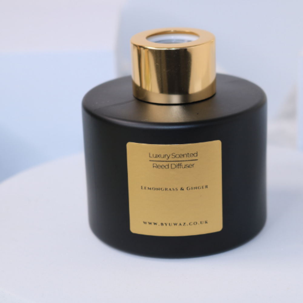 Lemongrass and ginger luxury scented black and gold reed diffuser.