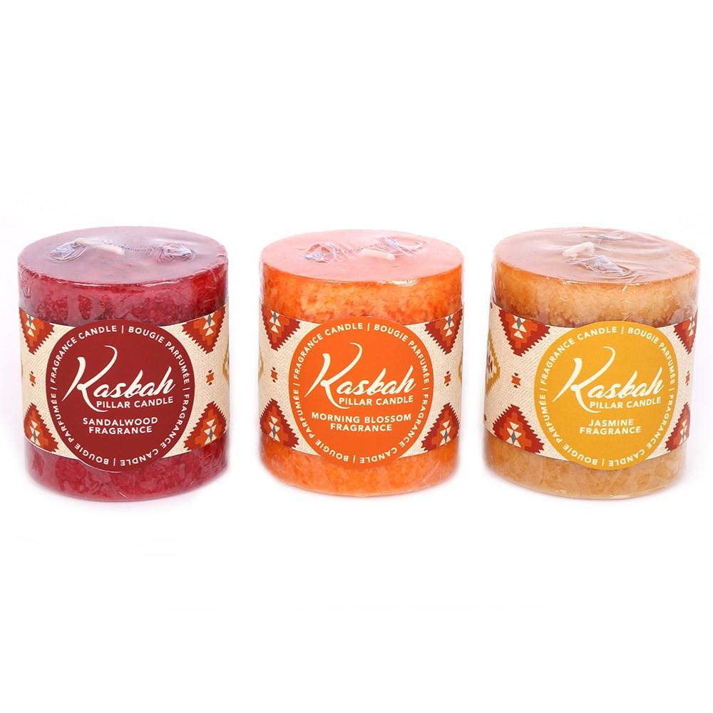 Set of 3 small 7cm kasbah scented candles, mottled texture, sandalwood in red, morning blossom in orange & jasmine in gold.
