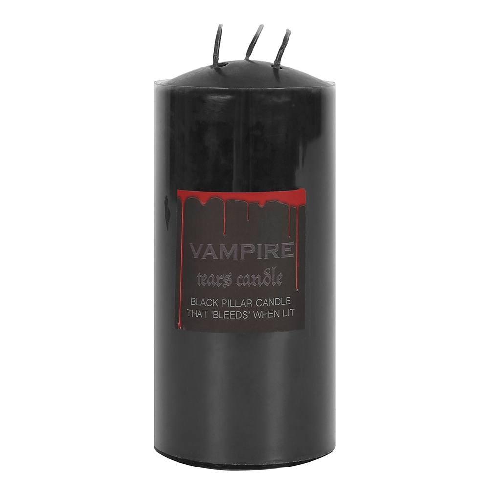 Vampire tears 15cm black pillar candle that 'bleeds when lit', the 3 wicks cause a bright red coloured wax to melt and drip.