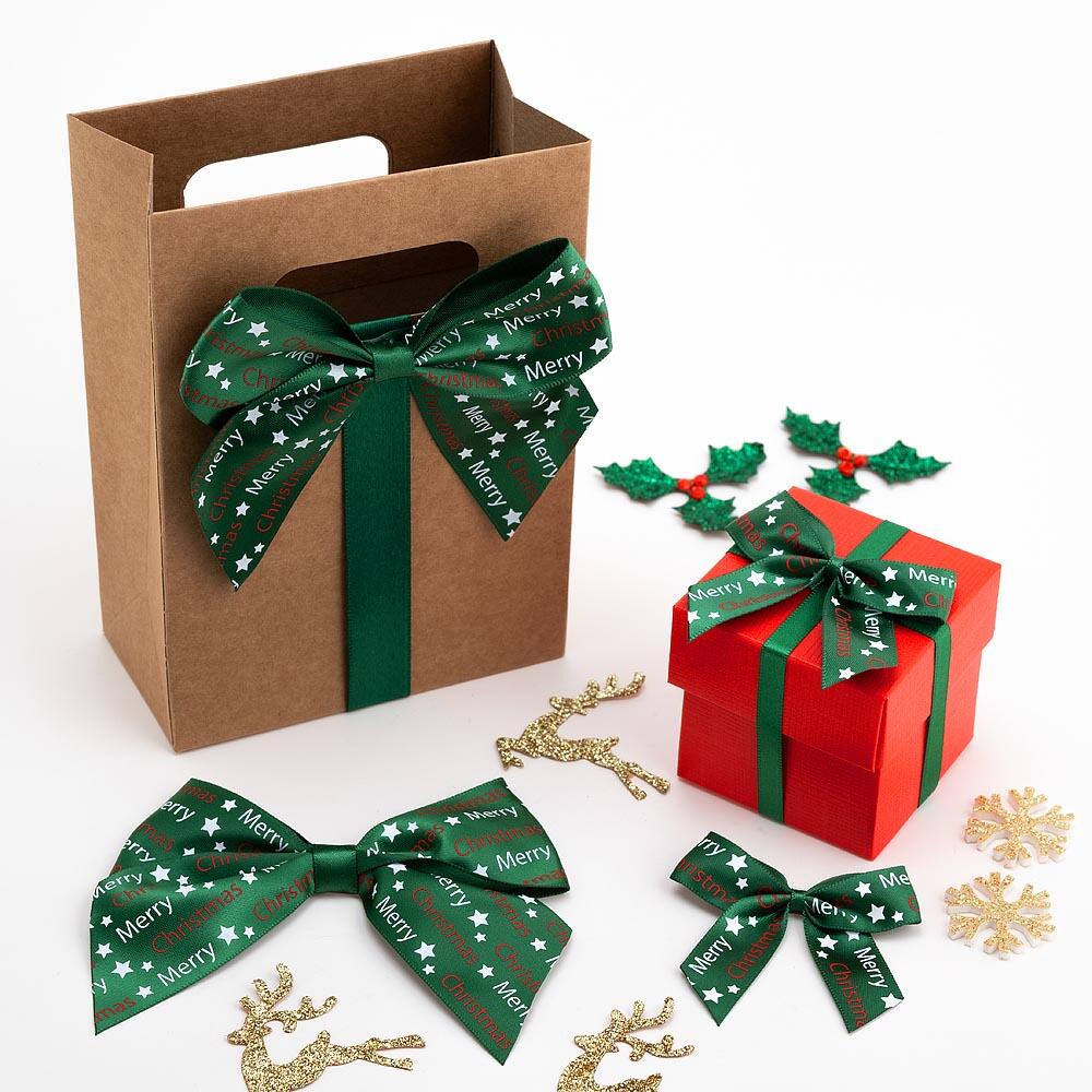 Merry Christmas Satin Stick On Bows Green