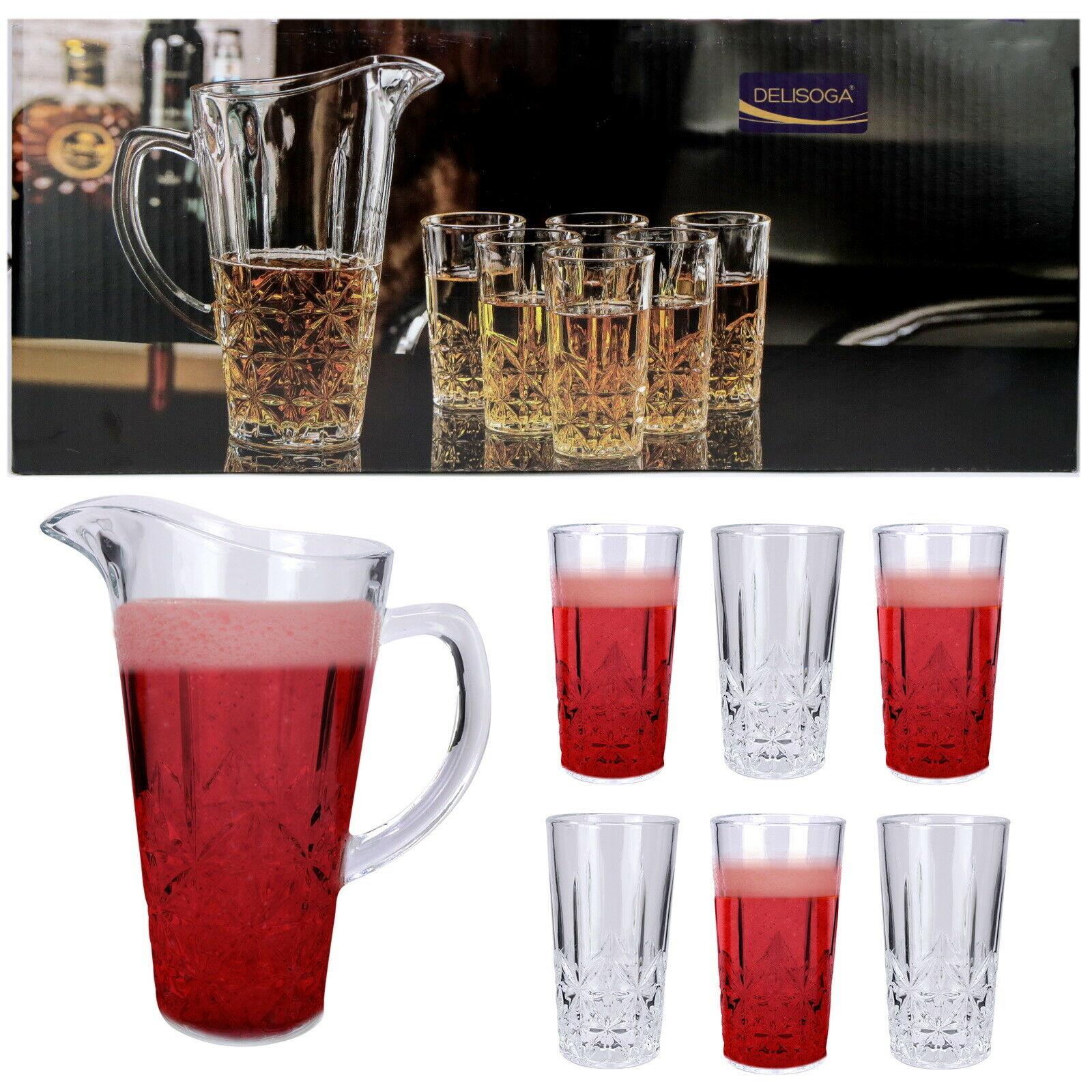 7 Piece Glassware Set Water 1L Jug and 6 Glasses Tumblers Pitcher Juice Jug with Lid