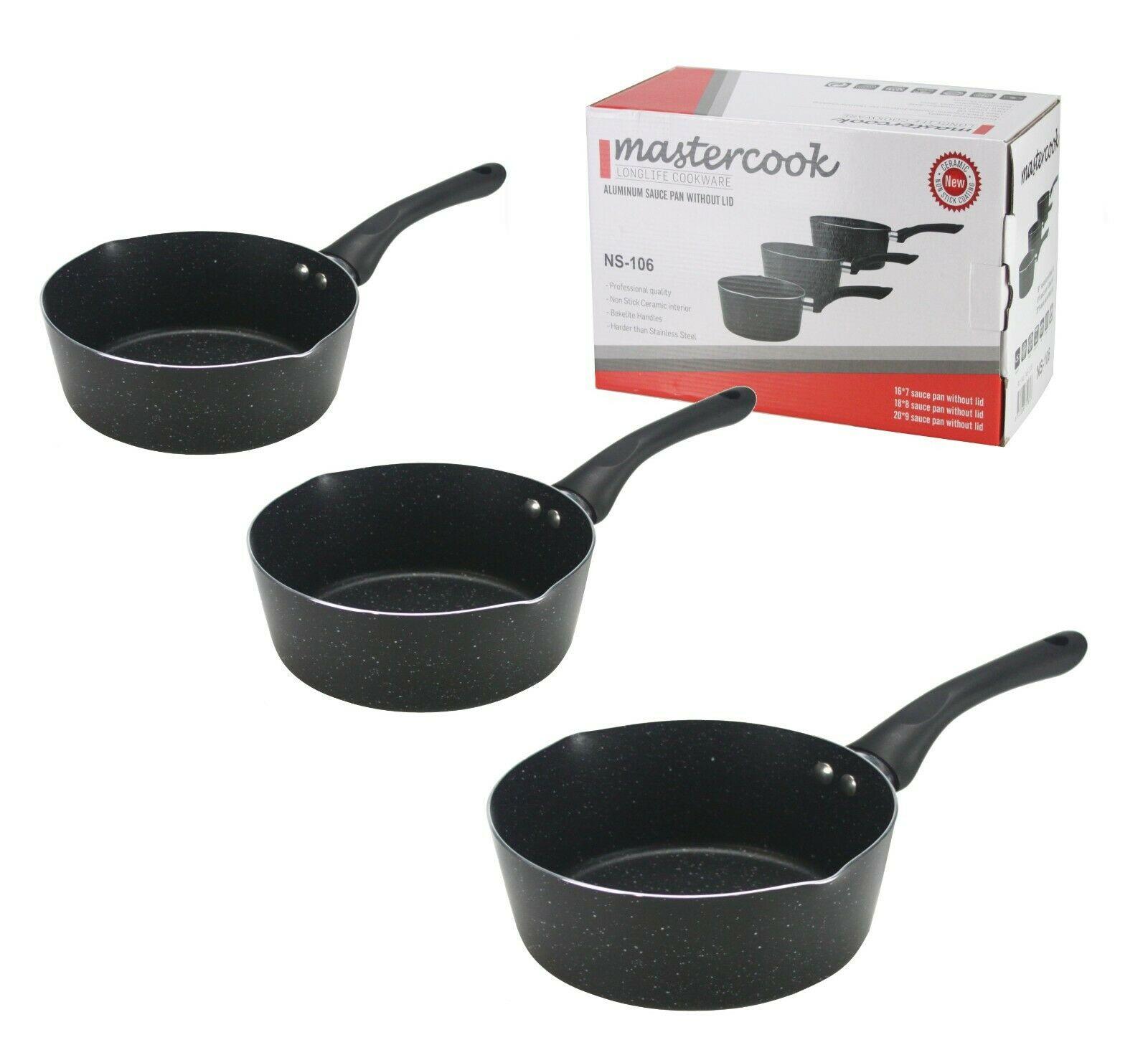 HEAVY DUTY 3 Pc Black Pan Saucepan Set Cookware Pot Bakelite handle 16 18 20cm 