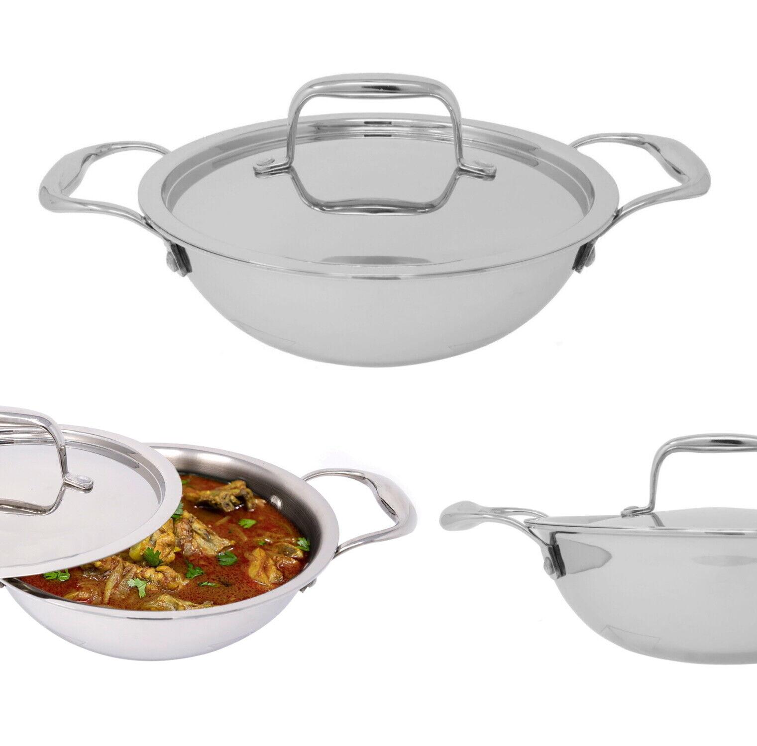 Details about   Induction Base Stainless Steel Wok With Steel Lid 28 cm Dia Cooking Frying Kadai 