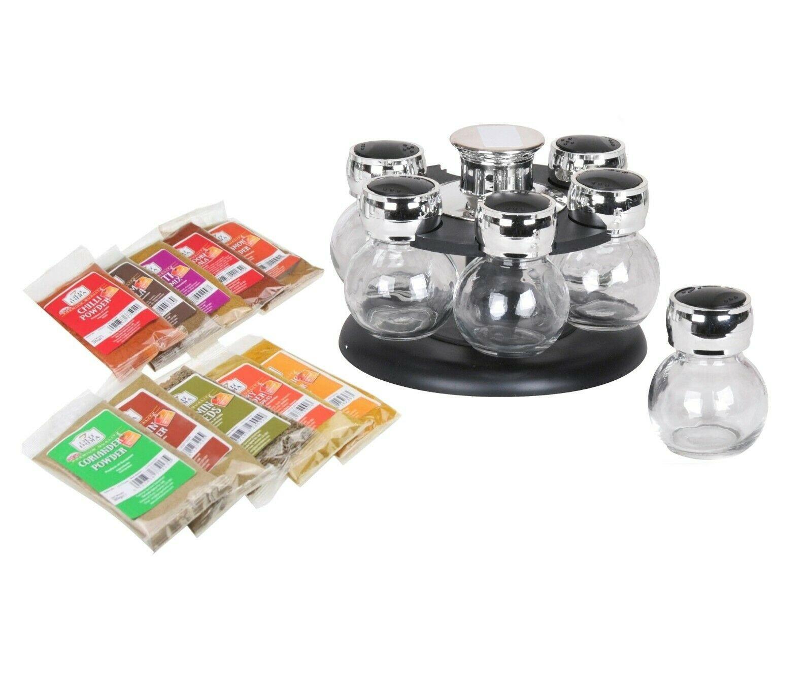 Details about   6 Spice Glass Jar Rack Set With10 Indian Curry Spice Kit Revolving Kitchen Black 