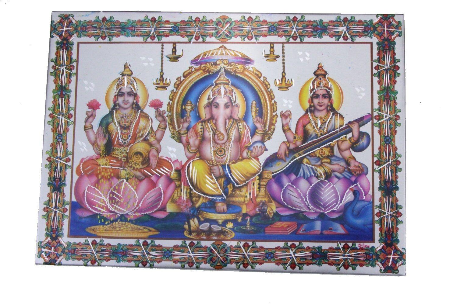 Lakshmi Ganesh Saraswati Aluminium Hindu God Photo Frame Traditional