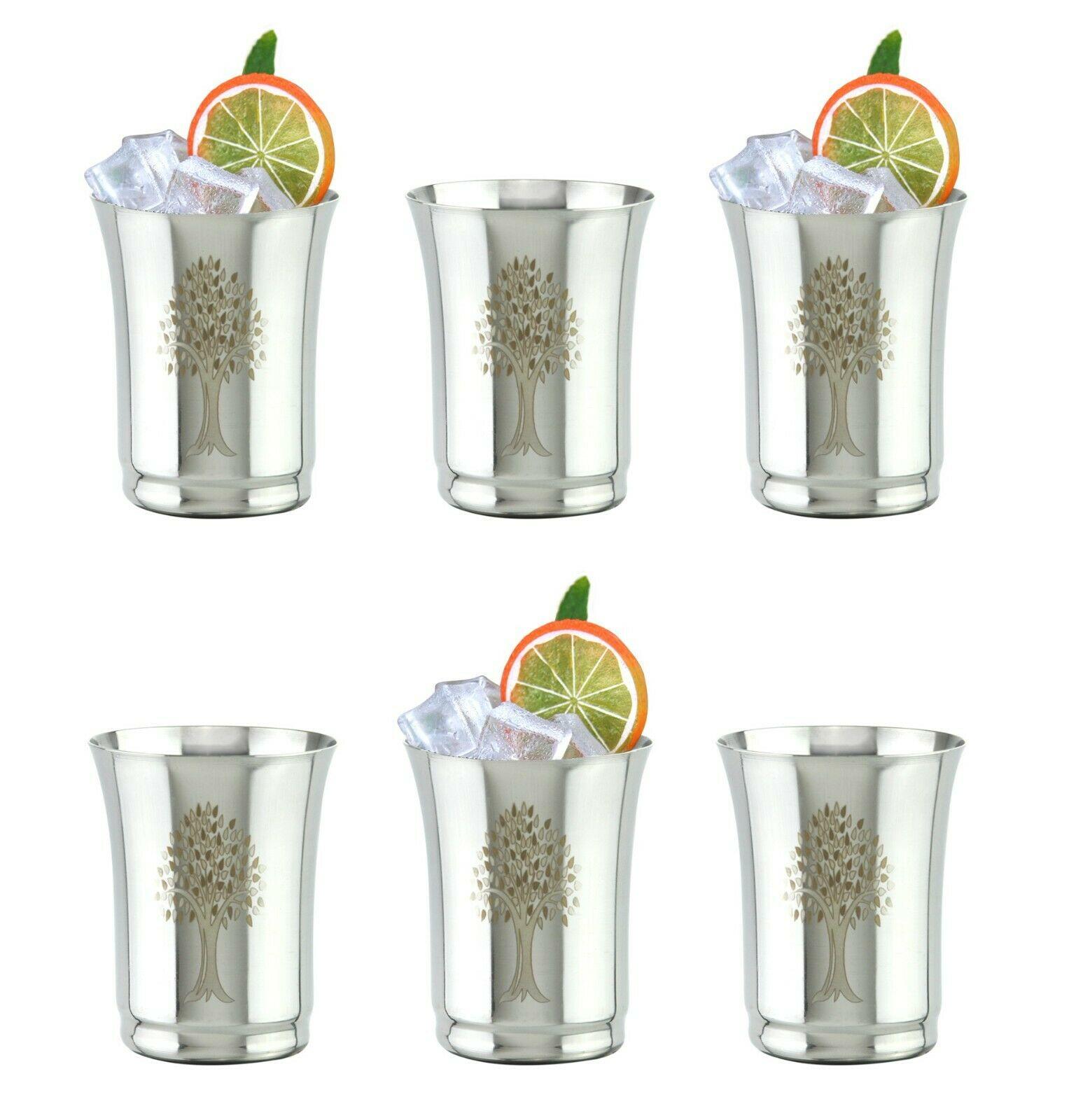 6 x Stainless Steel Drinking Glasses Tumblers Set Metal 350ml Tree of Life