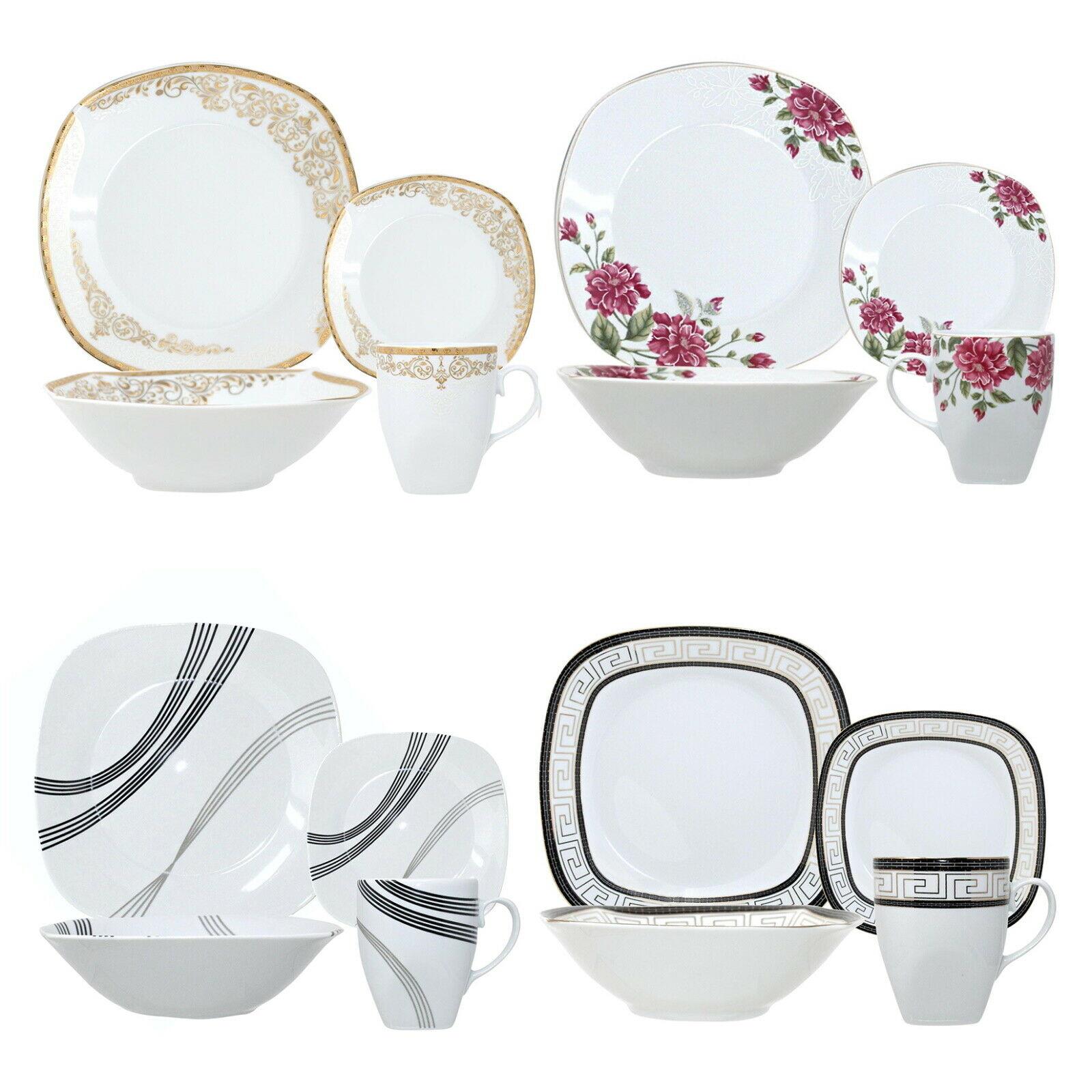 16pc Dinner Set Bowl Plate Mug Soup Side Porcelain Cup Gift Kitchen Service Black Patterns 