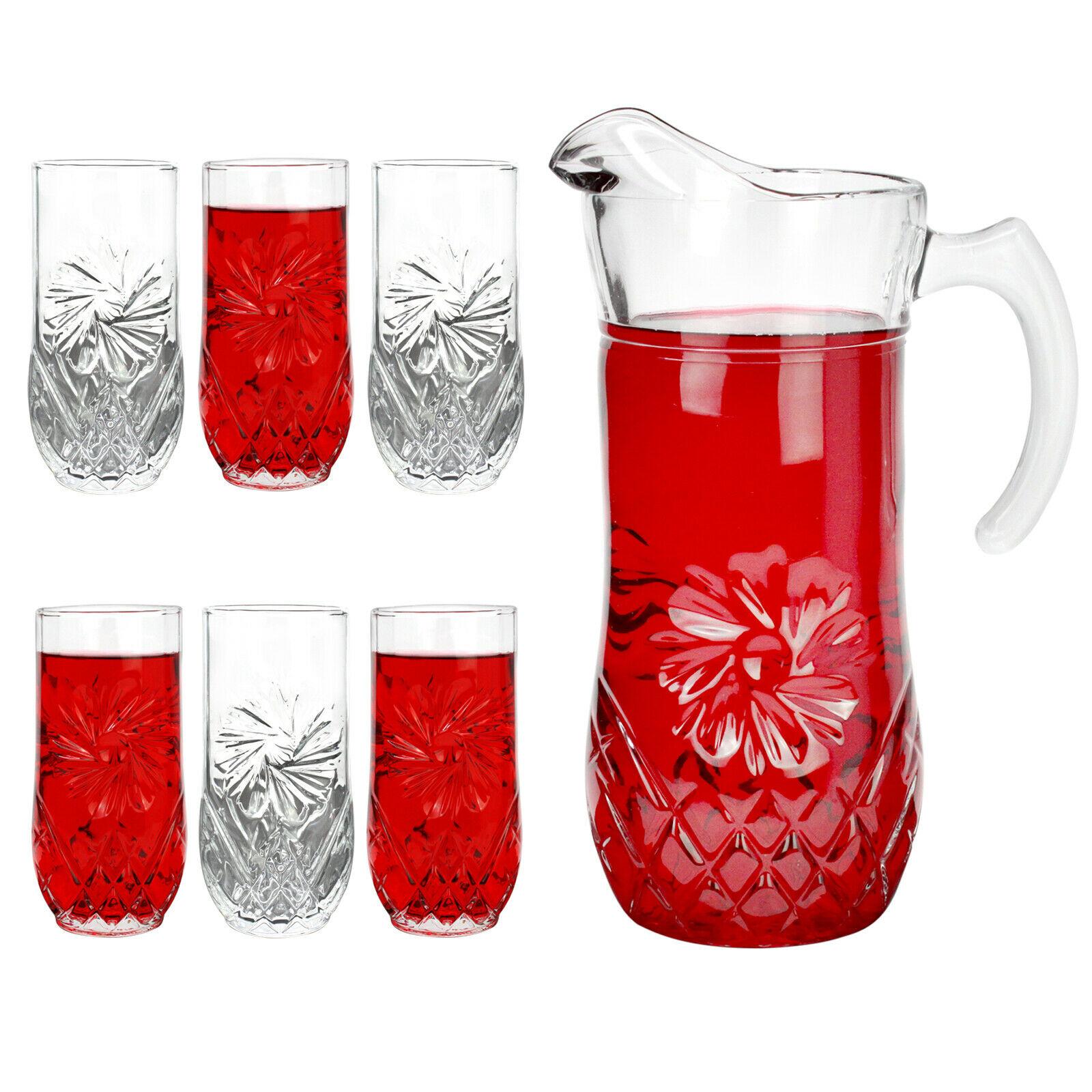 7 Piece Glassware Set Water 1L Jug and 6 Glasses Tumblers Pitcher Juice Jug with Lid