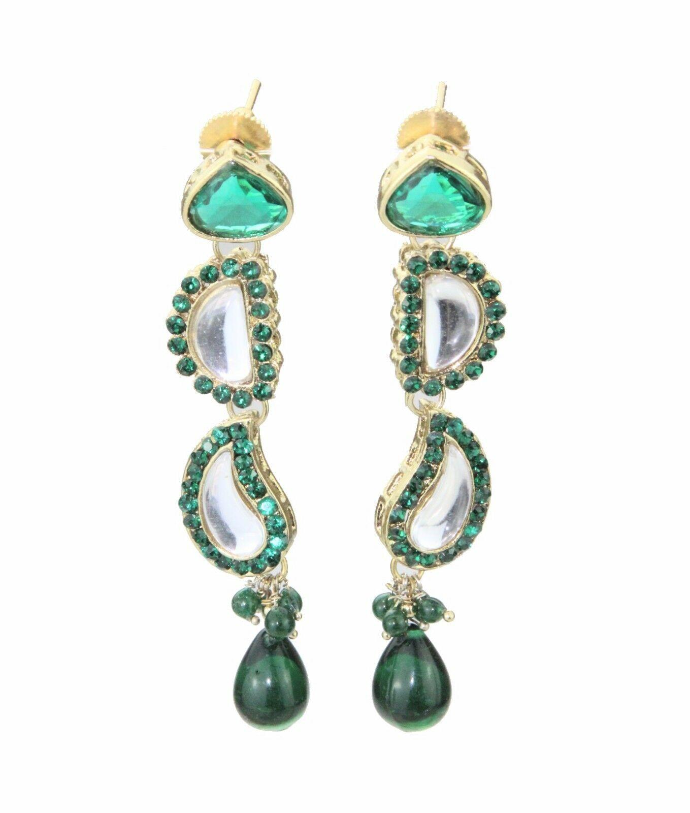 Details about   Beautiful Gold Tone Etched Black Glass and Green Jade Dangle Earrings.