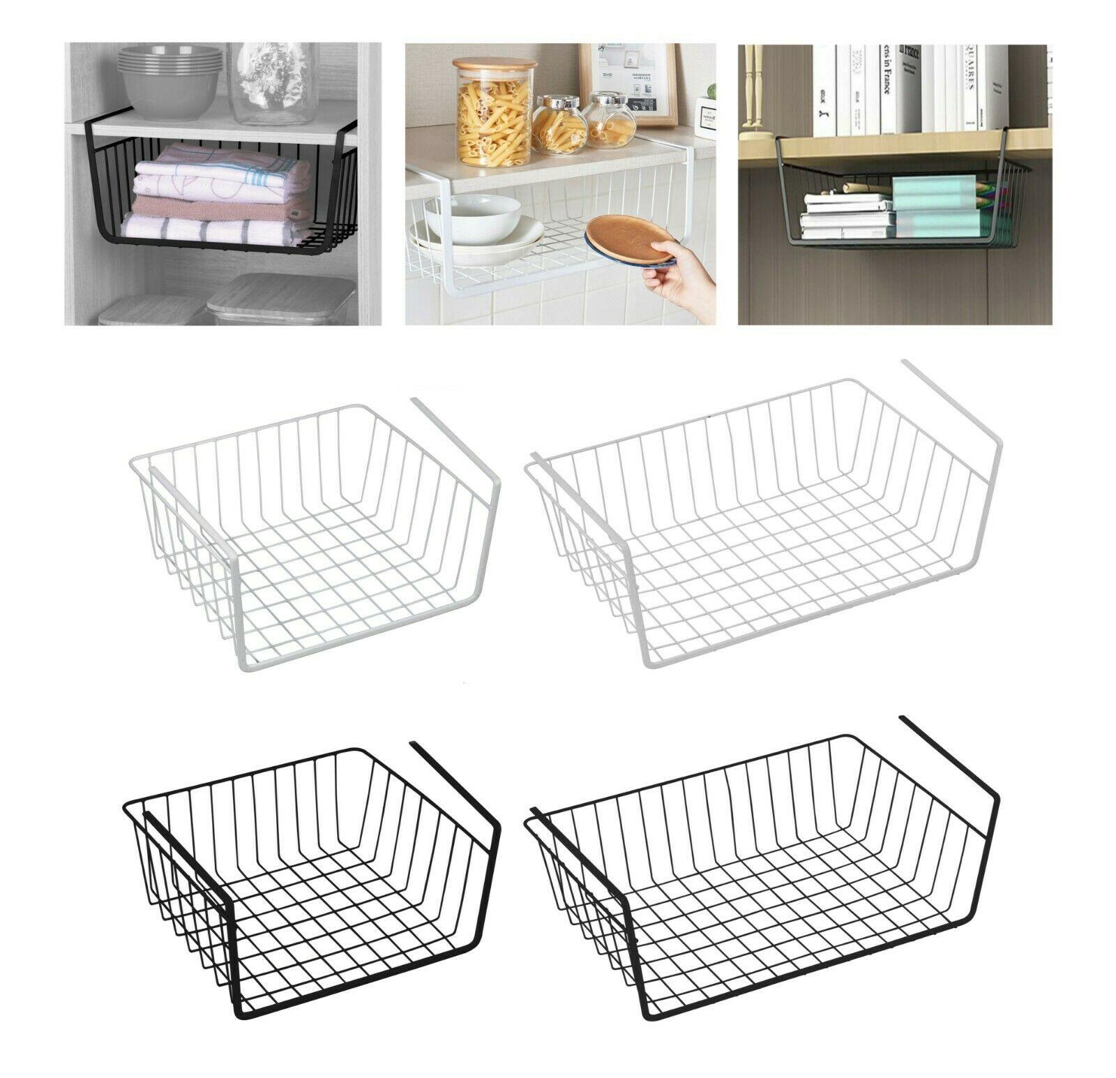 2-4 Pcs Under Shelf Table Storage Basket Rack Kitchen Wire Mesh Cabinet Organiser Holder White 4 Pcs 