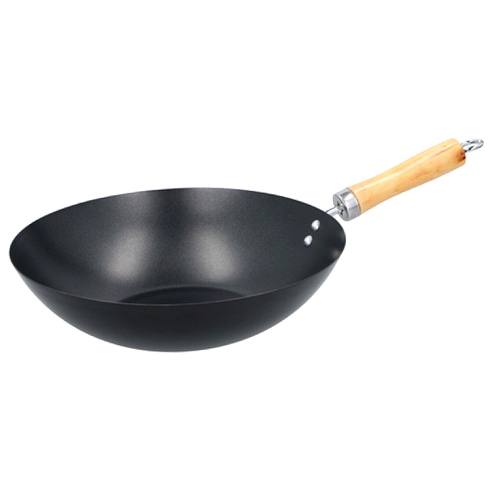 30cm Traditional Chinese Wok Carbon Steel Wooden Handle Stir Fry Pan Hob Cooking 