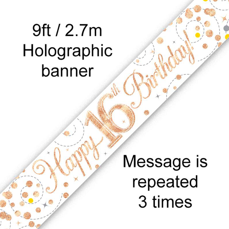 Rose Gold And Silver 16th Birthday Holographic Flag Bunting 9ft