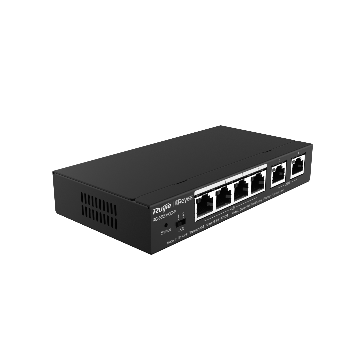 6-Port gigabit cloud managed switch with 4 PoE+ ports - angled left