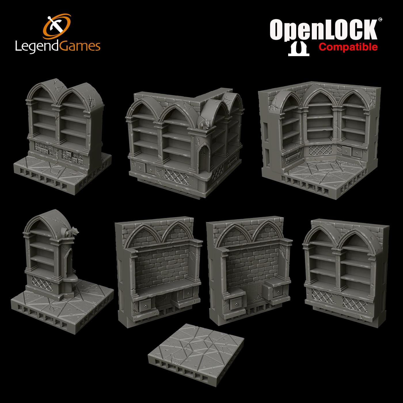 Picture of OpenLOCK Wizards Library Empty Shelf version STL file - Main Image