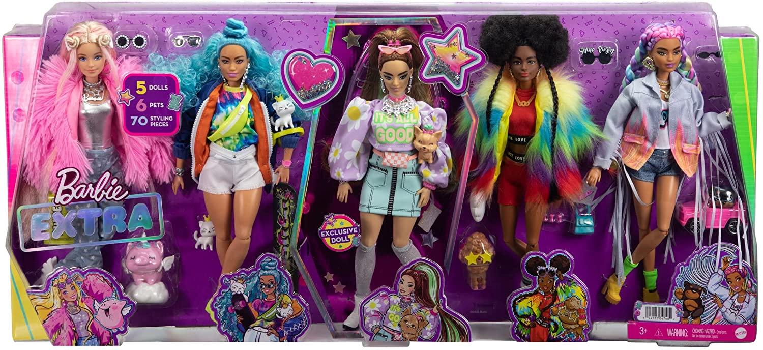 Buy Barbie Extra 5-Doll Set with 6 Pets and 70 Styling Pieces | Barbie Dolls  UK | Bentzens