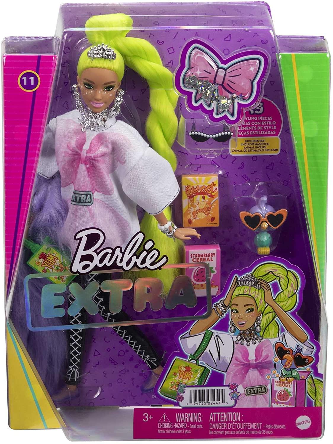 Buy Barbie Extra Doll #11 in Oversized Tee & Leggings with Pet Parrot,  Extra-Long Neon-Green Hair &