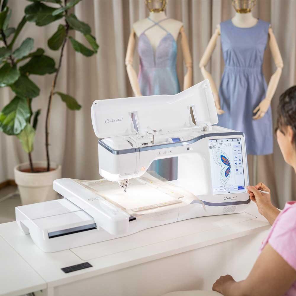 Brother Celeste CX1e Embroidery Machine over view with a pattern being embroidered