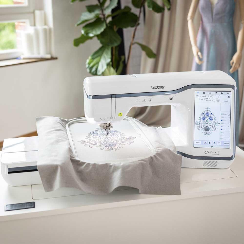 Brother Celeste CX1e Embroidery Machine over view with a finished embroidered pattern