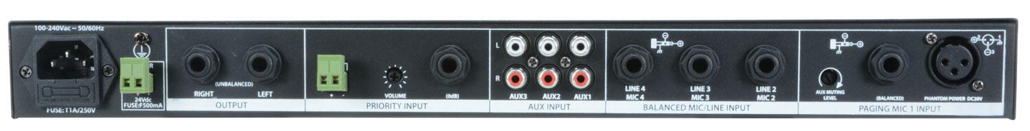 Adastra ML432 4mic + 3aux rack mixer 1U rear