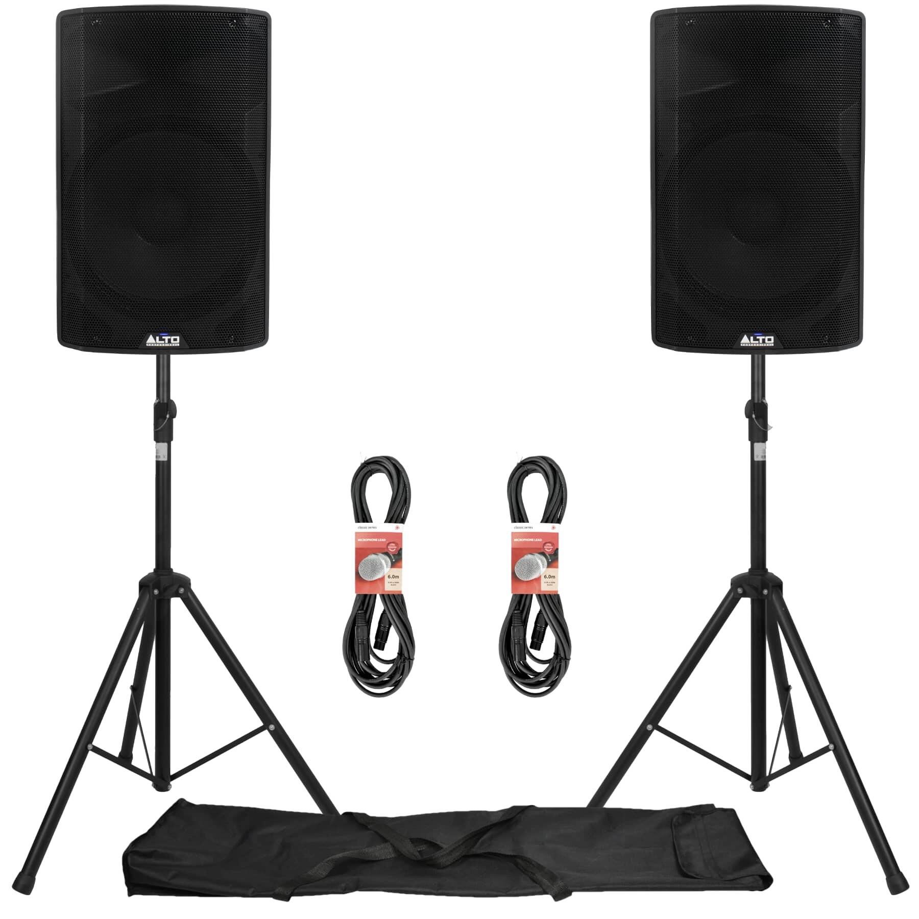 Alto Professional TX415 speakers with stands and leads