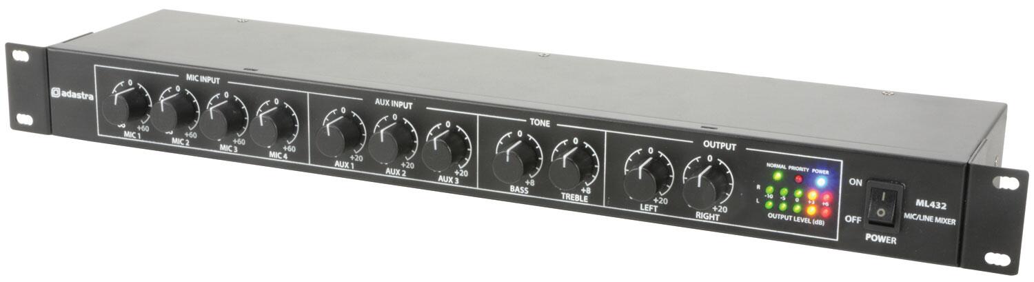 Adastra ML432 4mic + 3aux rack mixer 1U angle