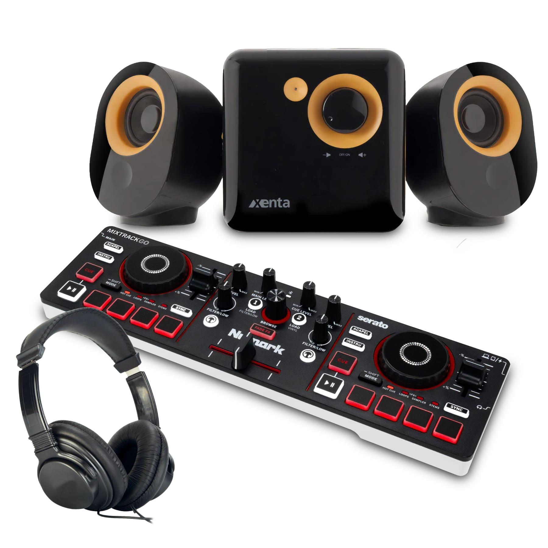 Numark MixTrack Go & 2.1 Channel Subwoofer Speaker System Package