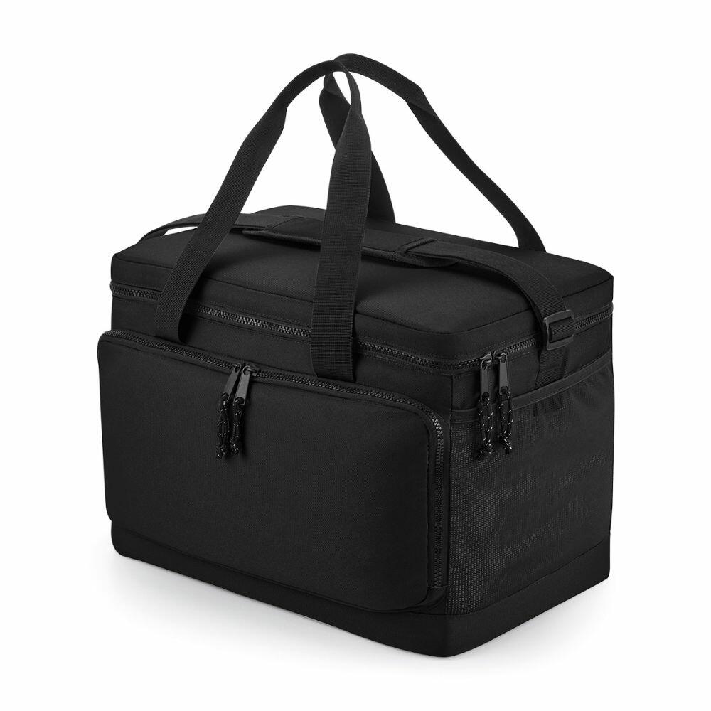 Introducing the Bagbase BG290: A black insulated cooler bag featuring multiple compartments, sturdy handles, and a secure zipper closure.