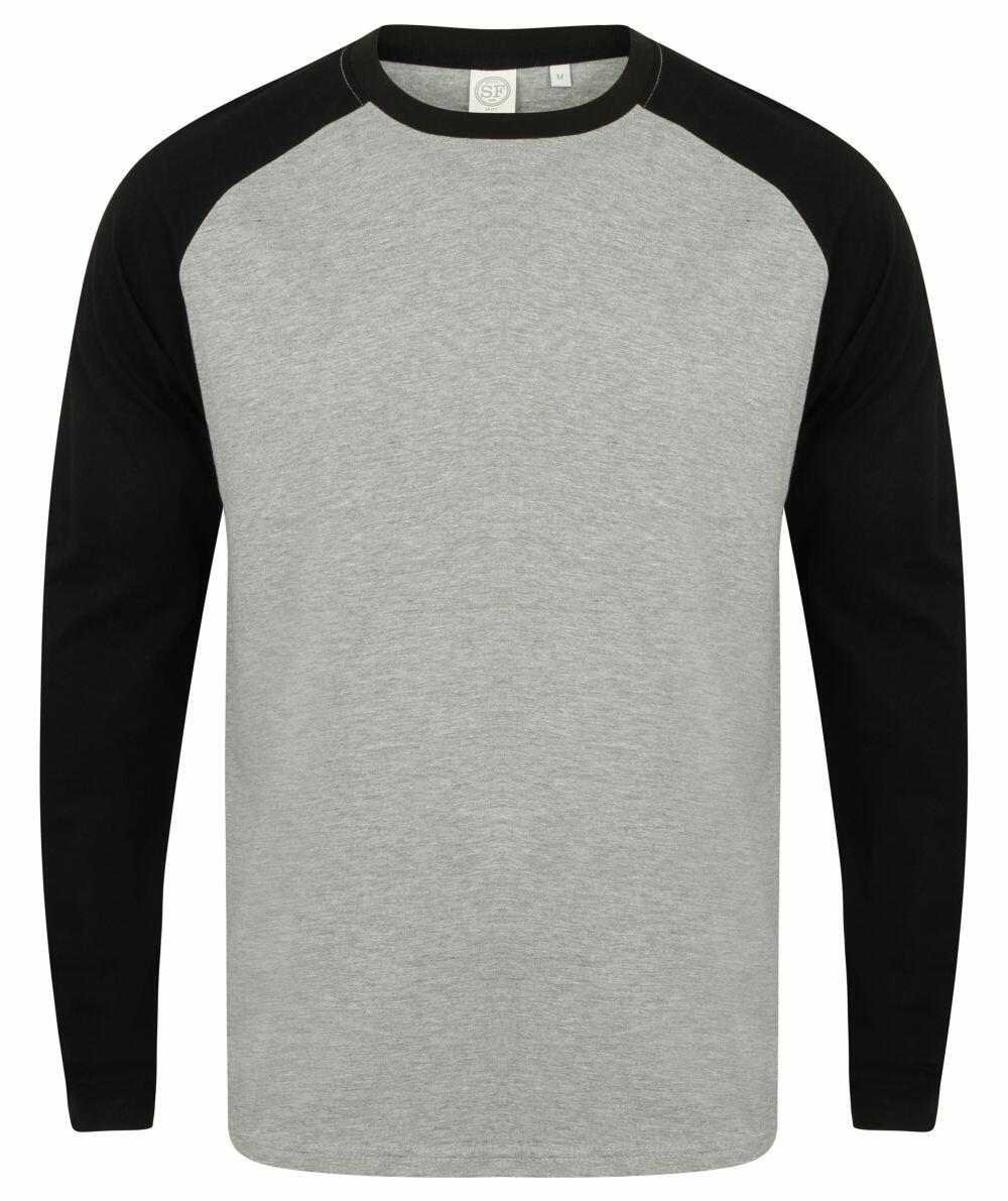 The product is the Skinnifit SF271, featuring long sleeves with a crew neck design, a grey body, and black raglan sleeves.