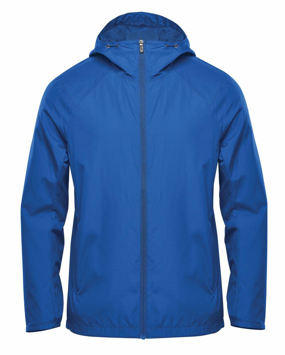 A Stormtech ST210 blue hooded jacket with a front zipper, displayed on a white background.