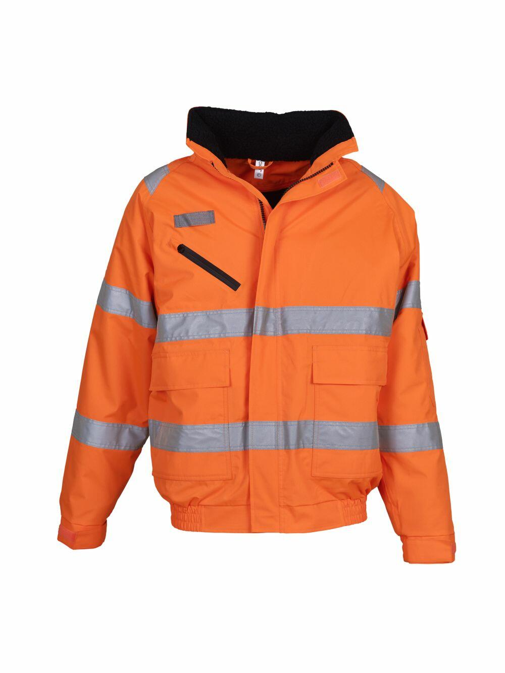 The YK035 by Yoko is an orange high-visibility jacket with reflective silver stripes, a black collar, and multiple pockets.