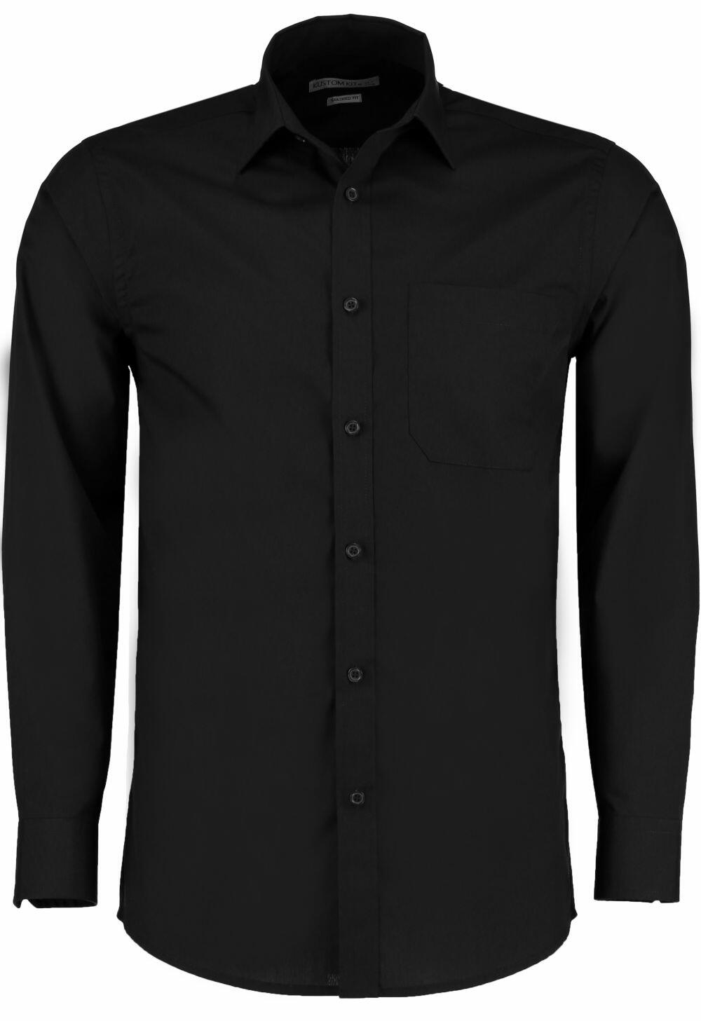 A Kustom Kit black long-sleeve KK142 button-up shirt featuring a front pocket and collar.