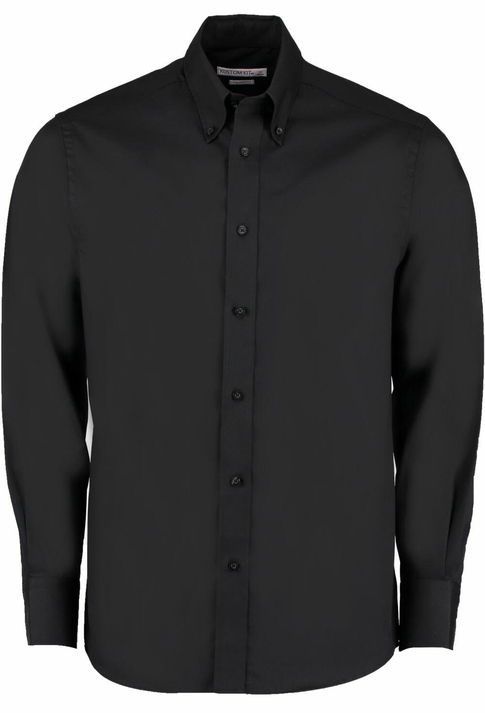 The front view of a black button-up shirt with a collar from the Kustom Kit KK188 collection.