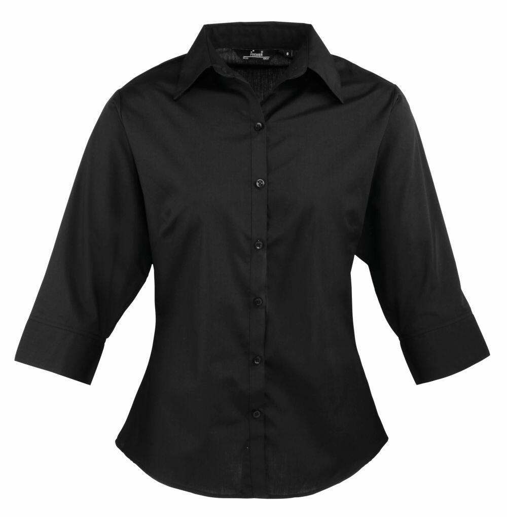 A black, three-quarter sleeve button-up shirt by Premier (Product Name: PR305) displayed on a blank background.