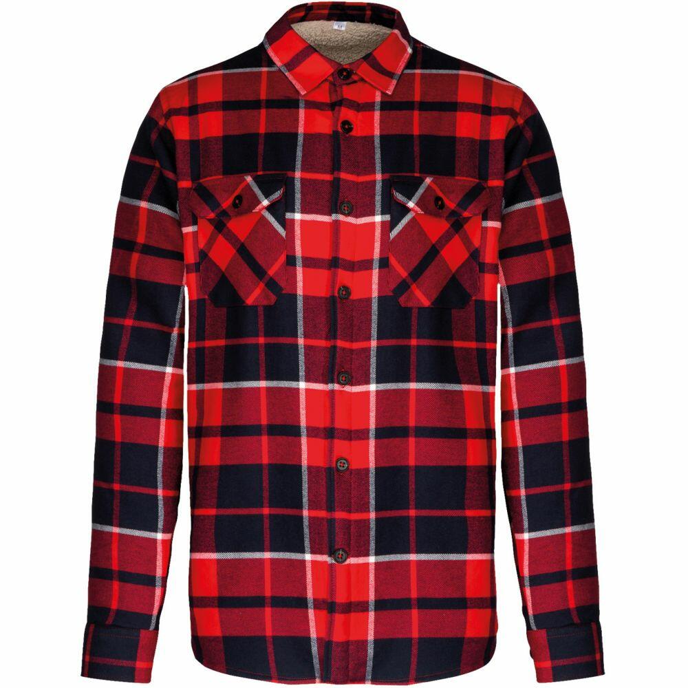 The KB579 by Kariban is a red and black plaid flannel shirt featuring a button-up front and two chest pockets.