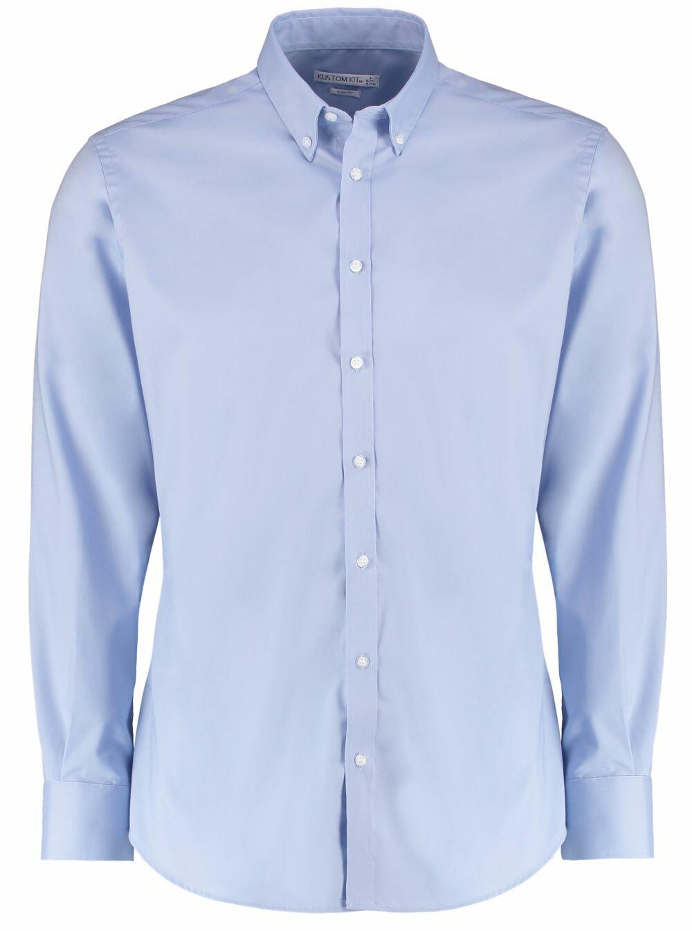 Kustom Kit's KK182 is a light blue shirt featuring a classic collar, long sleeves, and white buttons.