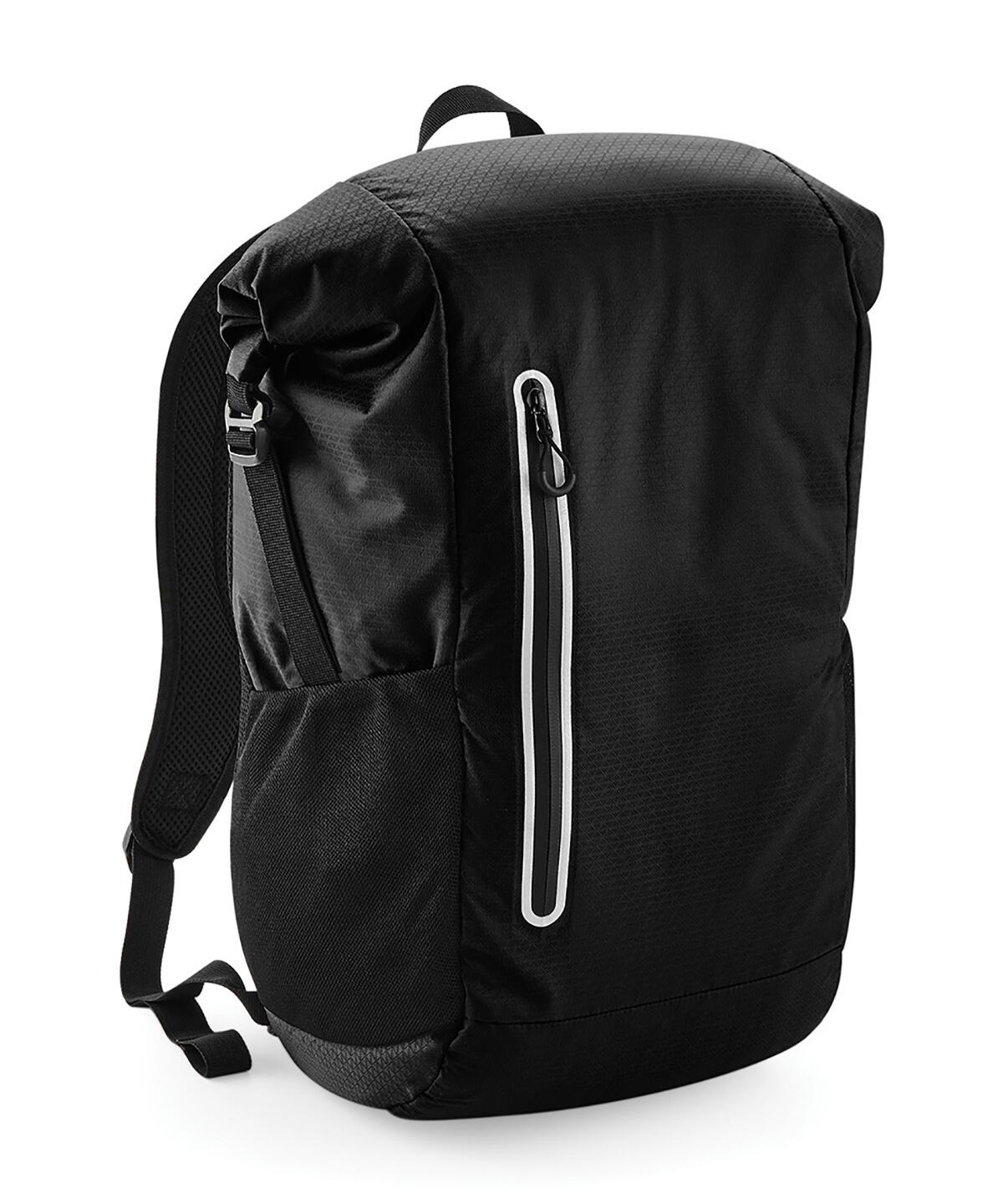 A black backpack with a roll-top design, a front zippered pocket with a white accent, and padded shoulder straps against a white background. Product Name: QS355, Brand Name: Quadra.