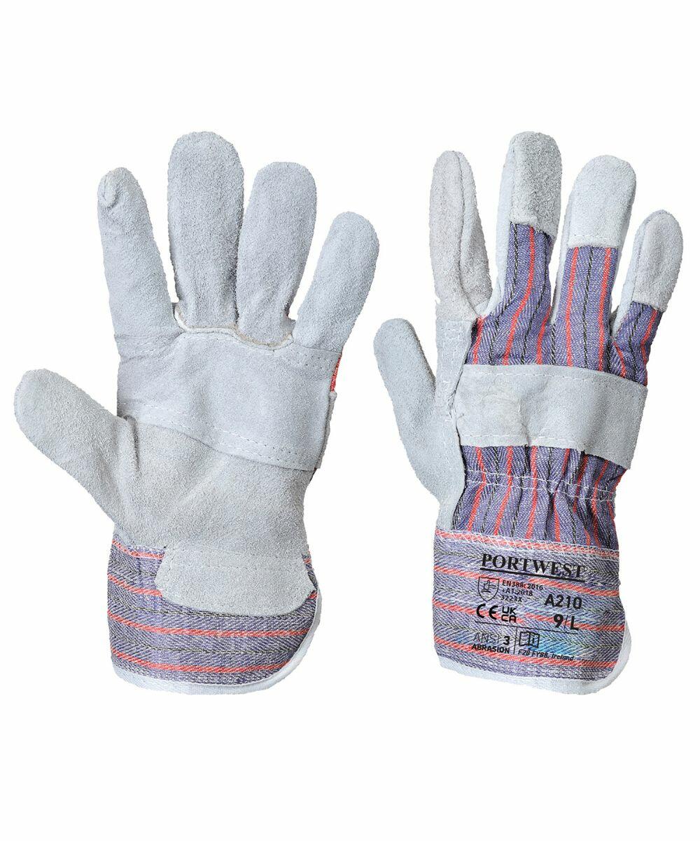 A pair of gray and striped PW082 work gloves by Portwest displayed palm-up and palm-down, showing the labels and stitching details.