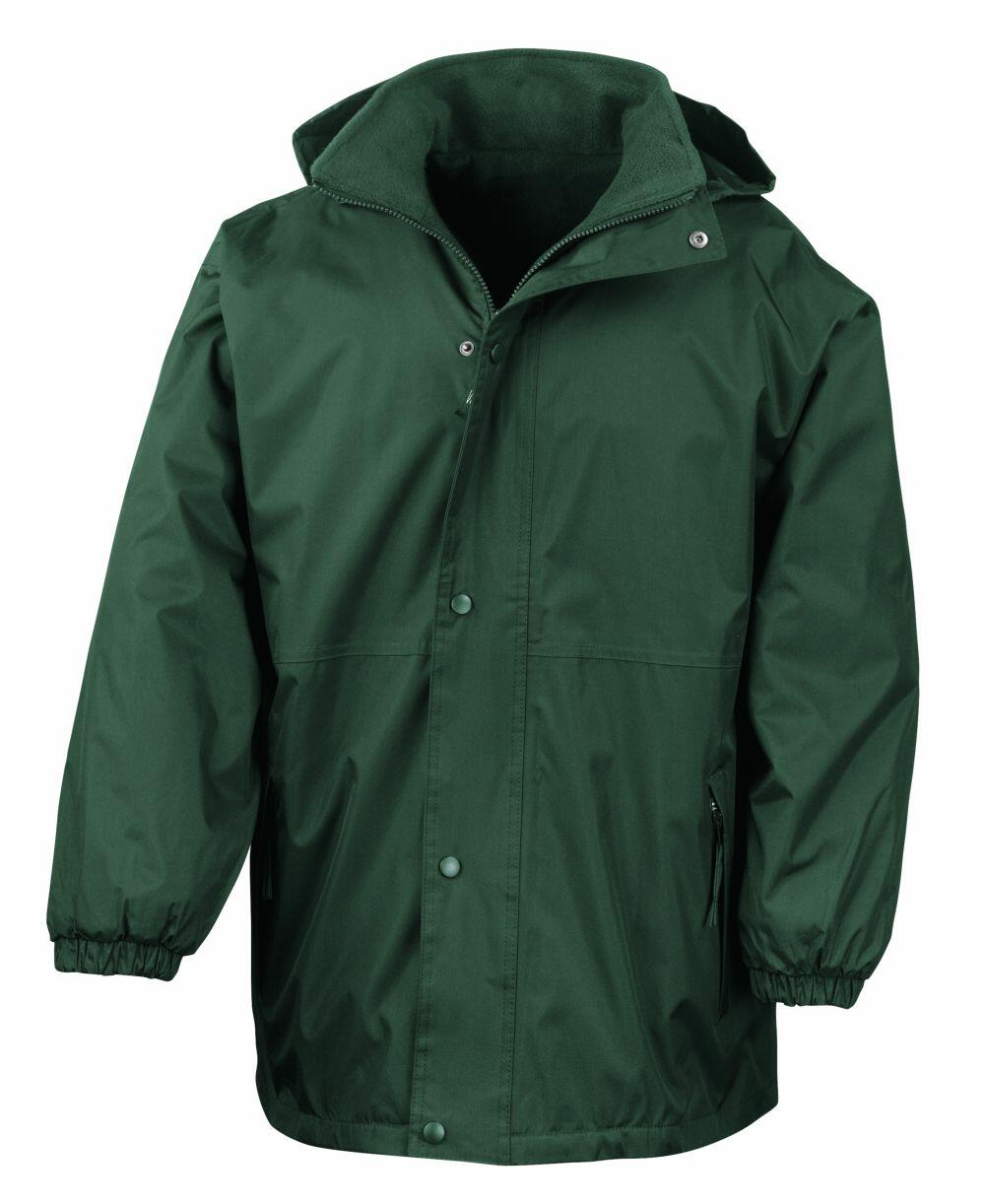 The Result R160A is a green waterproof jacket that includes a hood, zipper, and snap buttons, plus elastic cuffs and side pockets.