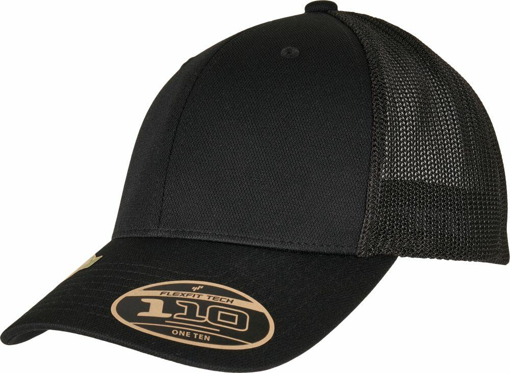 A YP186 by Flexfit By Yupoong, black trucker hat featuring a mesh back and adorned with a gold sticker on the brim.