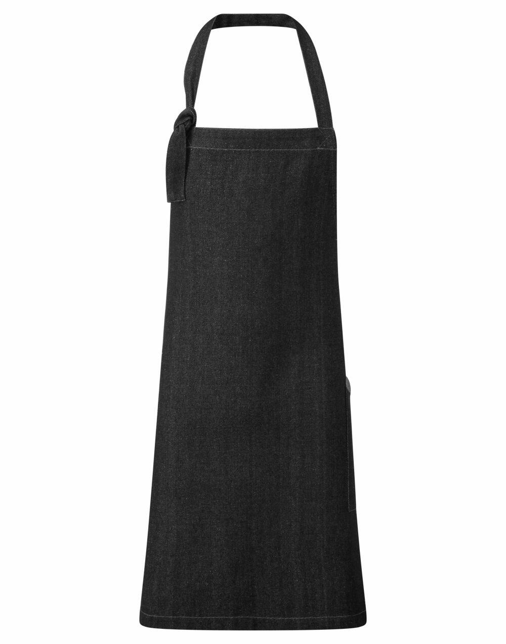 A Premier PR122 black full-length apron featuring a neck loop and side pocket.