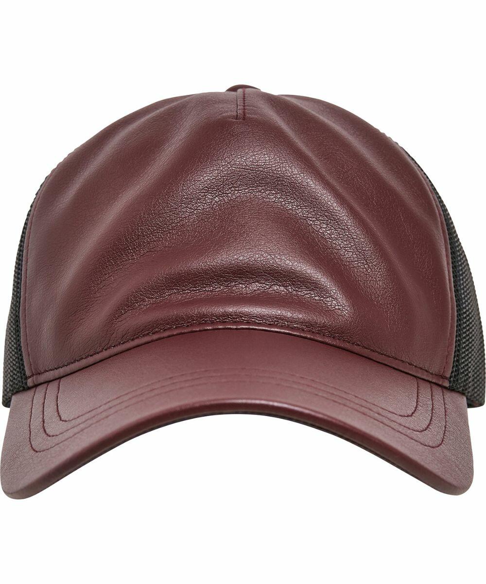 Front view of a Flexfit By Yupoong YP235 burgundy leather baseball cap with black mesh panels on the sides.